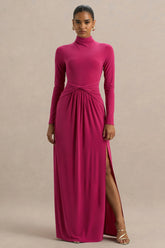 Hourglass | Hot Pink Long-Sleeve Twisted Maxi Dress With Split