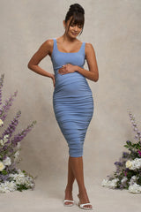 Lisbon | Powder Blue Maternity Square Neck Ruched Midi Dress