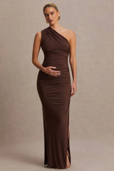 Darcie | Brown Asymmetric-Neck Maternity Maxi Dress