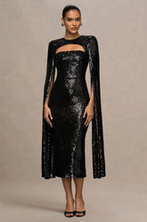 Adeline | Black Sequin Crew-Neck Midi Dress With Cape Sleeves