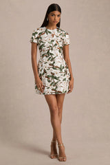 Ophelia | White And Green Sequin Floral And Mesh Mini Dress With Short Sleeves