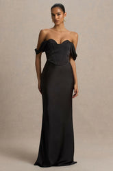 Perenna | Black Satin Sweetheart-Neck Maxi Dress With Draped-Sleeves