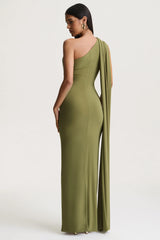 Mandy | Olive Asymmetric-Neck Maxi Dress With Gold-Detail