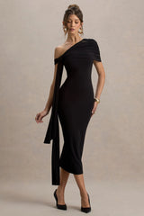 Praia | Black Asymmetric-Neck Maxi Dress With Sash and Draped Detailing