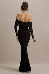 Madeleine | Black Fishtail Maxi Dress With Bardot Mesh Long Sleeves