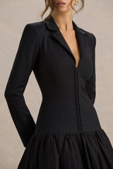 Cosmopolitan | Black Plunge-Neck Tailored Midi Dress With Pleated Hem