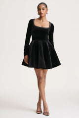 Beloved | Black Velvet Embellished Square-Neck Mini Dress