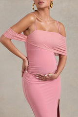 Augusta | Blush Pink Mesh Bardot Strappy Split Maternity Maxi Dress