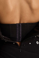 Sylvia | Black Hand-Embellished Bardot-Neck Midi Dress With Draped Satin-Wrap Skirt