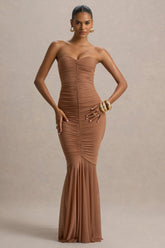 Talisa | Mocha Ruched Fishtail Maxi Dress With Mesh Hem
