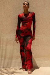 Marcy | Red And Black Floral Print High-Neck Maxi Dress