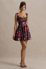 Magic | Burgundy Floral Print Sweetheart-Neck Mini Dress.