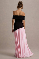 Venezia | Black & Pink Bardot Maxi Dress With Drop-Waist