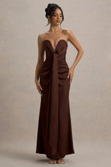 Mackenzie | Brown Satin Plunge-Neck Draped Maxi Dress