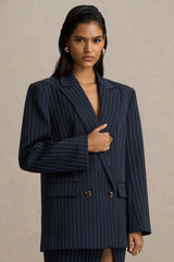Alana | Navy Pinstripe Plunge-Neck Tailored Blazer
