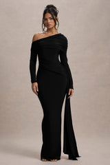 Valina | Black Ruched Asymmetric Maxi Dress With Drape