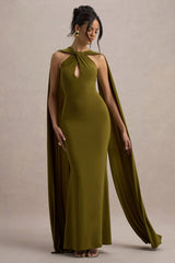 Rhoda | Green Twist Halter-Neck Cape Maxi Dress