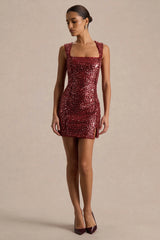 Elettra | Burgundy Sequin Square-Neck Mini Dress