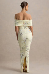 Cindy | Lemon Floral Bouquet Print Bardot-Neck Maternity Maxi Dress With Ruched Detail