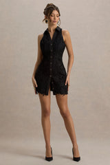 Bronwyn | Black Lace Plunge-Neck Buttoned Mini Dress