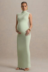 Kienna | Light Green Ruched High-Neck Maternity Maxi Dress