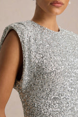 Aurah | Silver Sequin Crew-Neck Maxi Dress With Cap Sleeves