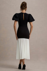 Cinzia | Black & White Puff-Sleeve Volume-Hem Midi Dress