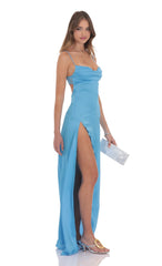 Cowl Neck Satin Open Back Maxi Dress in Light Blue