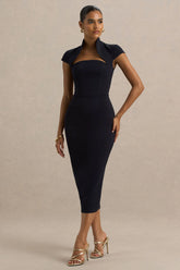 Elsie | Navy Cut-Out Neck Midi Dress With Short Sleeves
