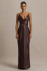 Lila | Burgundy Faux Leather Plunge-Neck Maxi Dress With Split