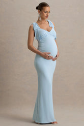 Sheen | Powder Blue Sweetheart Bow Strap Maternity Midi Dress