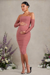 Pixie | Blush Pink Ruched Long-Sleeved Halter-Neck Maternity Midi Dress