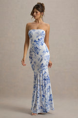 Callie | Blue Porcelain Print Bandeau Fishtail Maxi Dress