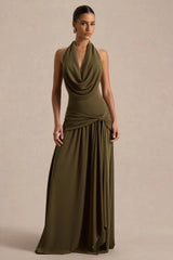 Mist | Olive Plunge-Neck Maxi Dress With Knot-Detail And Open-Back