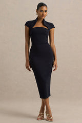 Elsie | Navy Cut-Out Neck Midi Dress With Short Sleeves