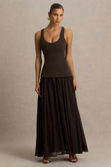 Kelly | Brown Scoop-Neck Maxi Dress With Mesh And Pleated Detailing