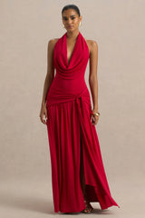 Mist | Red Plunge-Neck Maxi Dress With Sash Detail And Front High Split