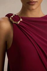 Cressida | Burgundy Asymmetric-Neck Maxi Dress With Cape
