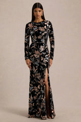 Lyric | Black Floral Velvet And Sequin High-Neck Maxi Dress