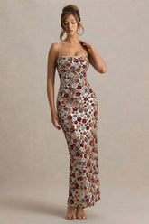 Vitora | Red Floral Sequin Square-Neck Maxi Dress