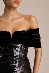 Bex | Black Sequin Bardot-Neck Maxi Dress