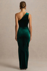 Treat | Bottle Green Velvet Asymmetric-Neck Maxi Dress With Ruched Detailing