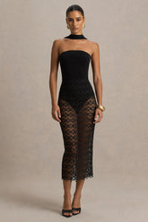 Tamala | Black High-Neck Midi Dress With Lace Skirt