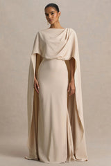 Pristina | Sand Boat-Neck Woven Maxi Dress With Cape Detail
