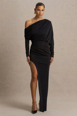Olivia | Black Asymmetric-Neck Maxi Dress With Ruched Detailing And Front-High Split