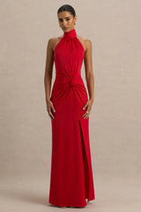 Lenora | Red Halter-Neck Maxi Dress with Ruched Detailing and Split