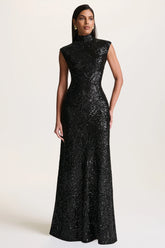 Cecy | Black Sequin High-Neck Maxi Dress With Cap Sleeves