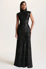 Cecy | Black Sequin High-Neck Maxi Dress With Cap Sleeves