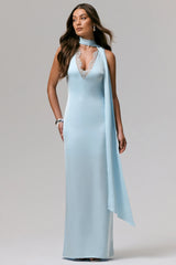 True Icon | Powder Blue Satin V-Neck Maxi Slip Dress With Sash