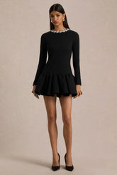 My Wish | Black Embellished High-Neck Mini Dress With Drop-Waist